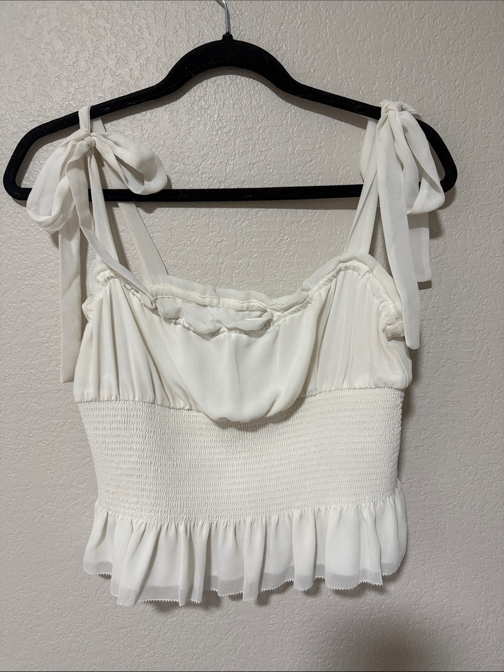 Aritzia White Tie-Shoulder Smocked Peplum Camisole